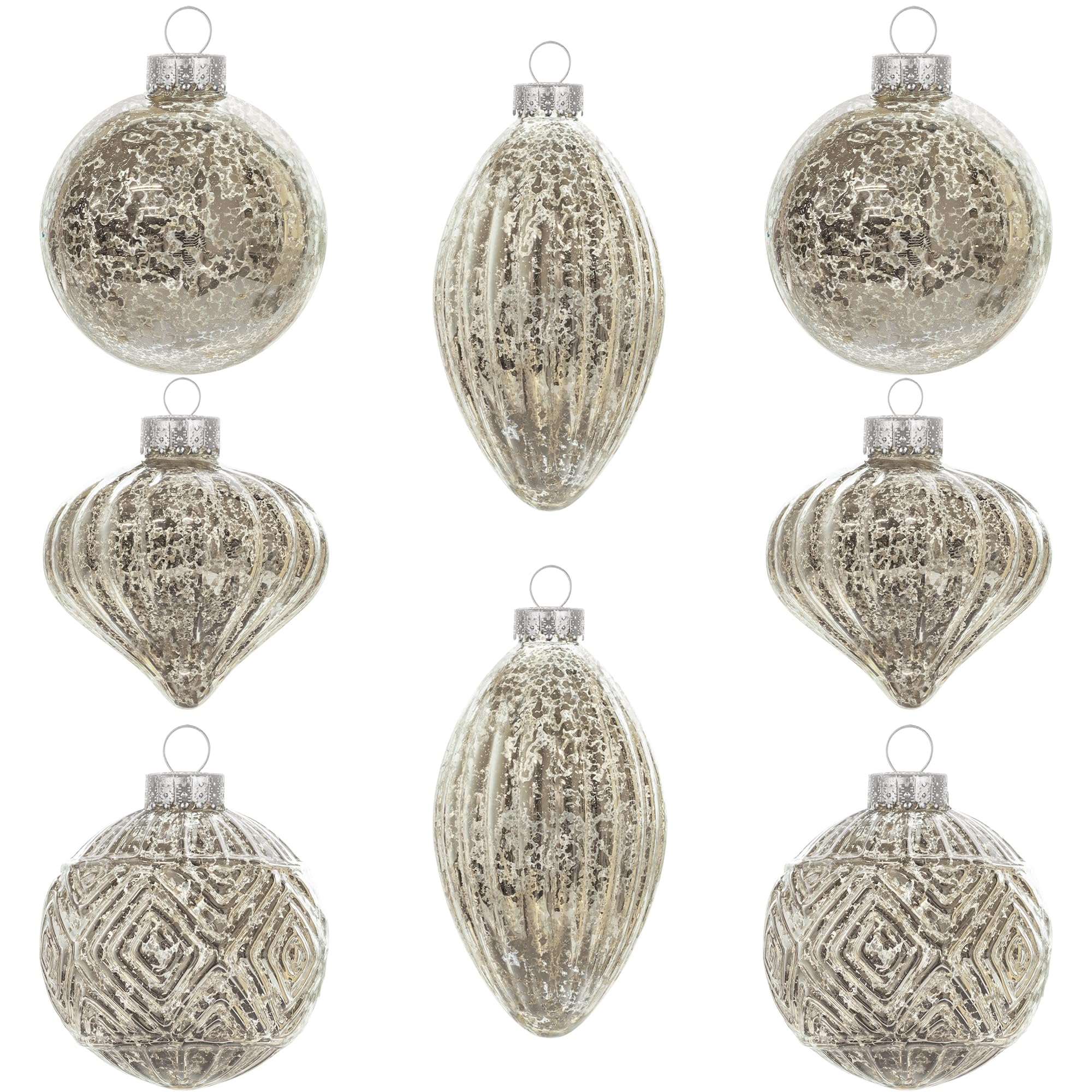 KI Store front view of champagne silver ornament set showing elegant packaging and contents