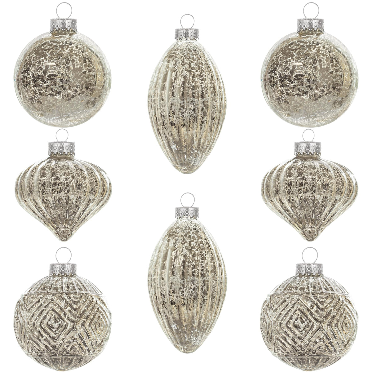 KI Store front view of champagne silver ornament set showing elegant packaging and contents
