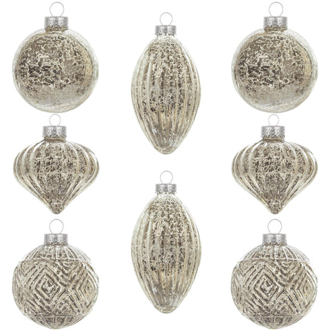 KI Store front view of champagne silver ornament set showing elegant packaging and contents