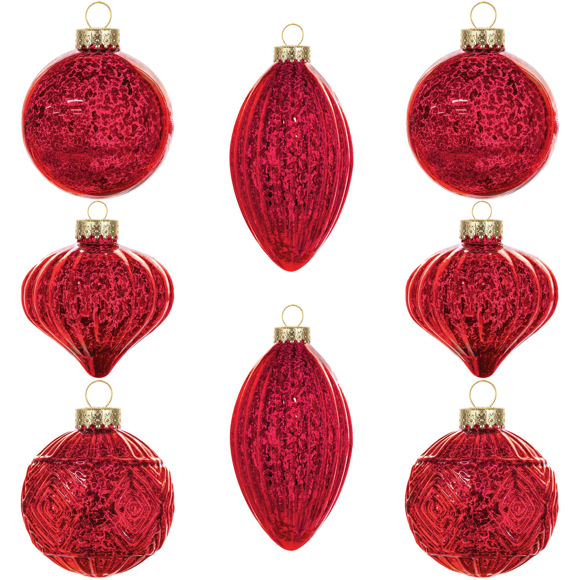KI Store front view of red mercury glass ornaments showing vintage shine and color