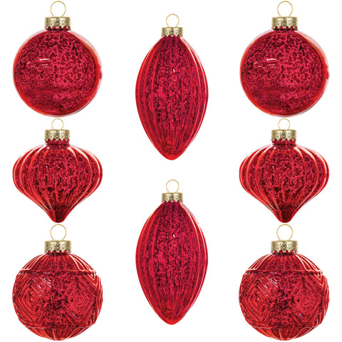 KI Store front view of red mercury glass ornaments showing vintage shine and color