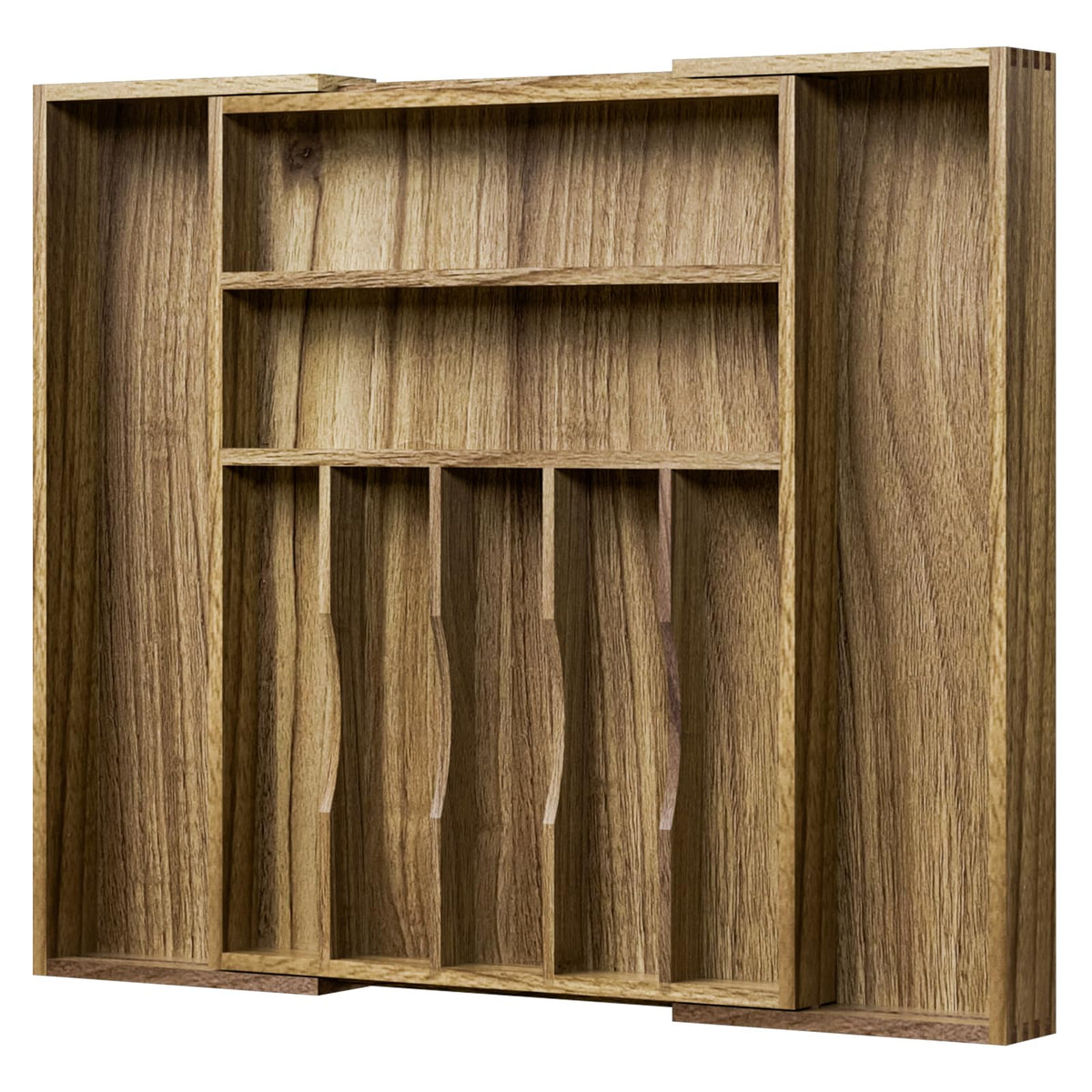 Kiasthome front view of organizer showing neat fit and elegant wood