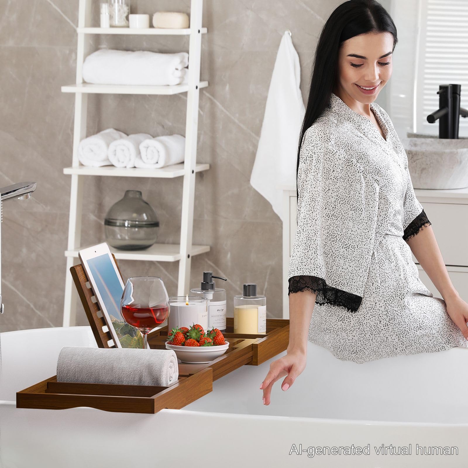 Kiasthome caddy beside bathtub showing adjustable length and fit