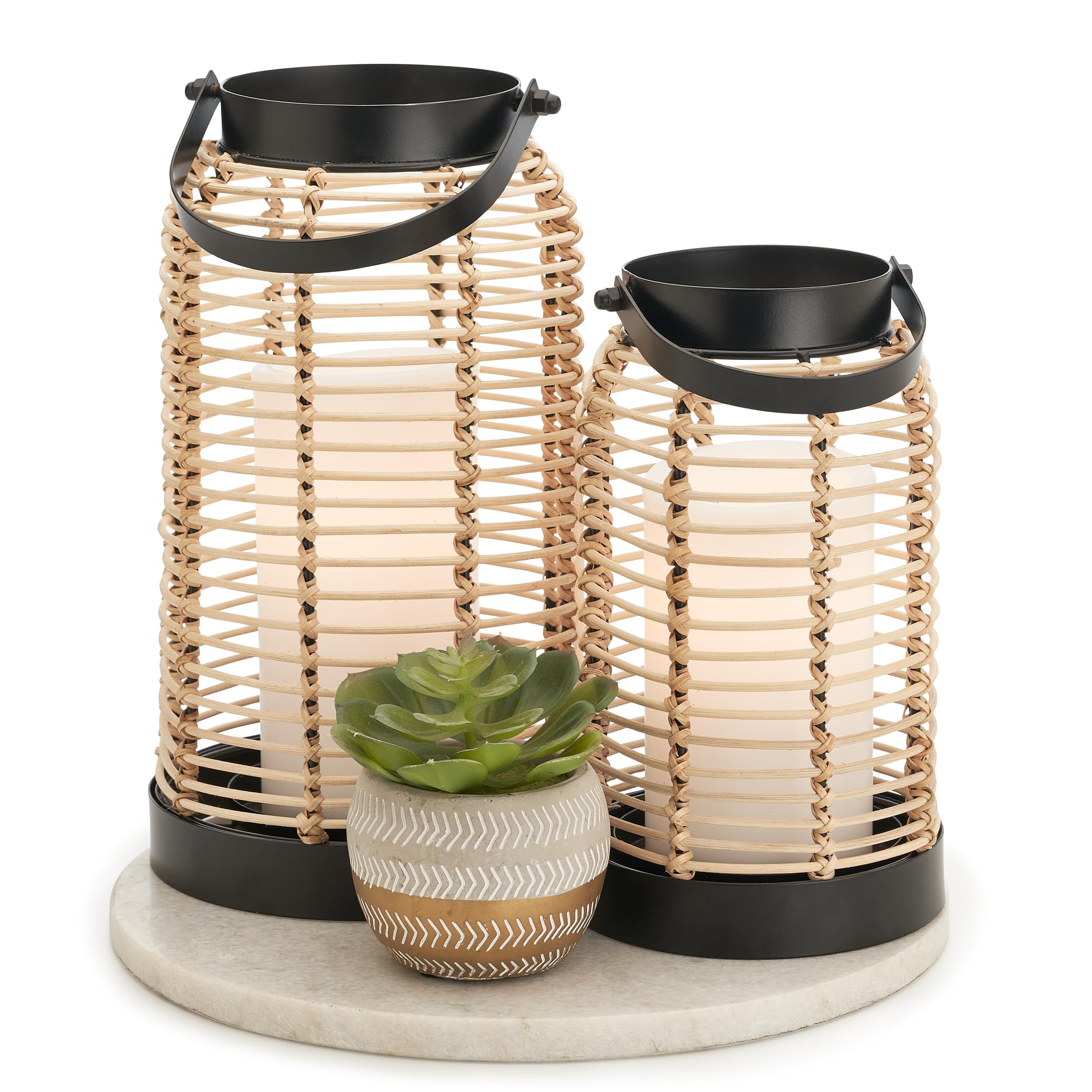 KIBAGA front view of both rattan lanterns showing balanced styling benefits