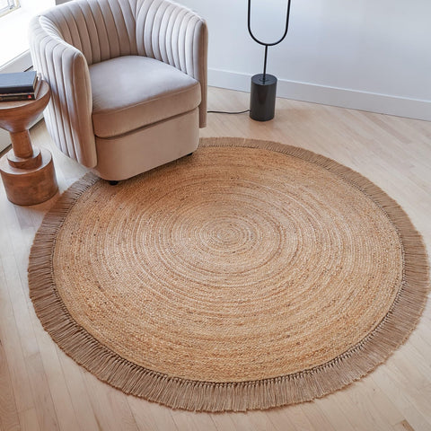 KIBAGA front view round jute rug showing natural tone and shape, adds warm focal point