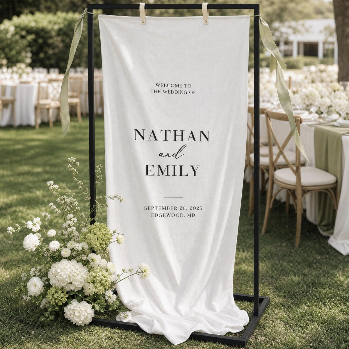 KIBAGA front view of black metal easel highlighting elegant welcome display benefit