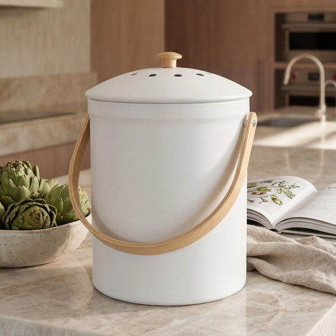 KIBAGA front view on countertop showing sleek beige finish and compact size benefits