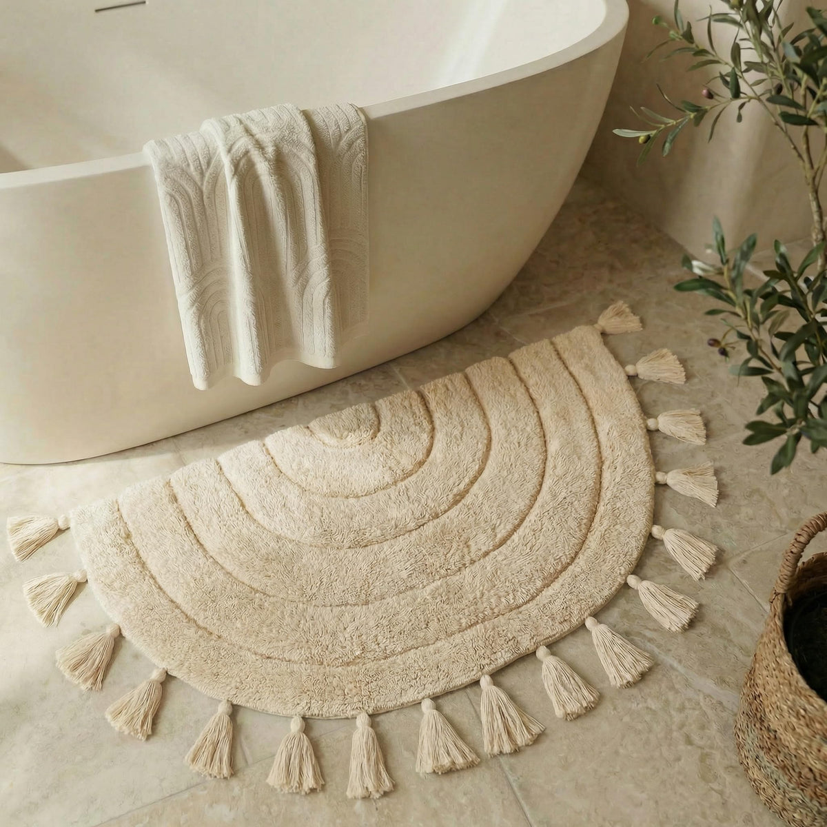 KIBAGA half circle rug front view showing boho style and cozy feel