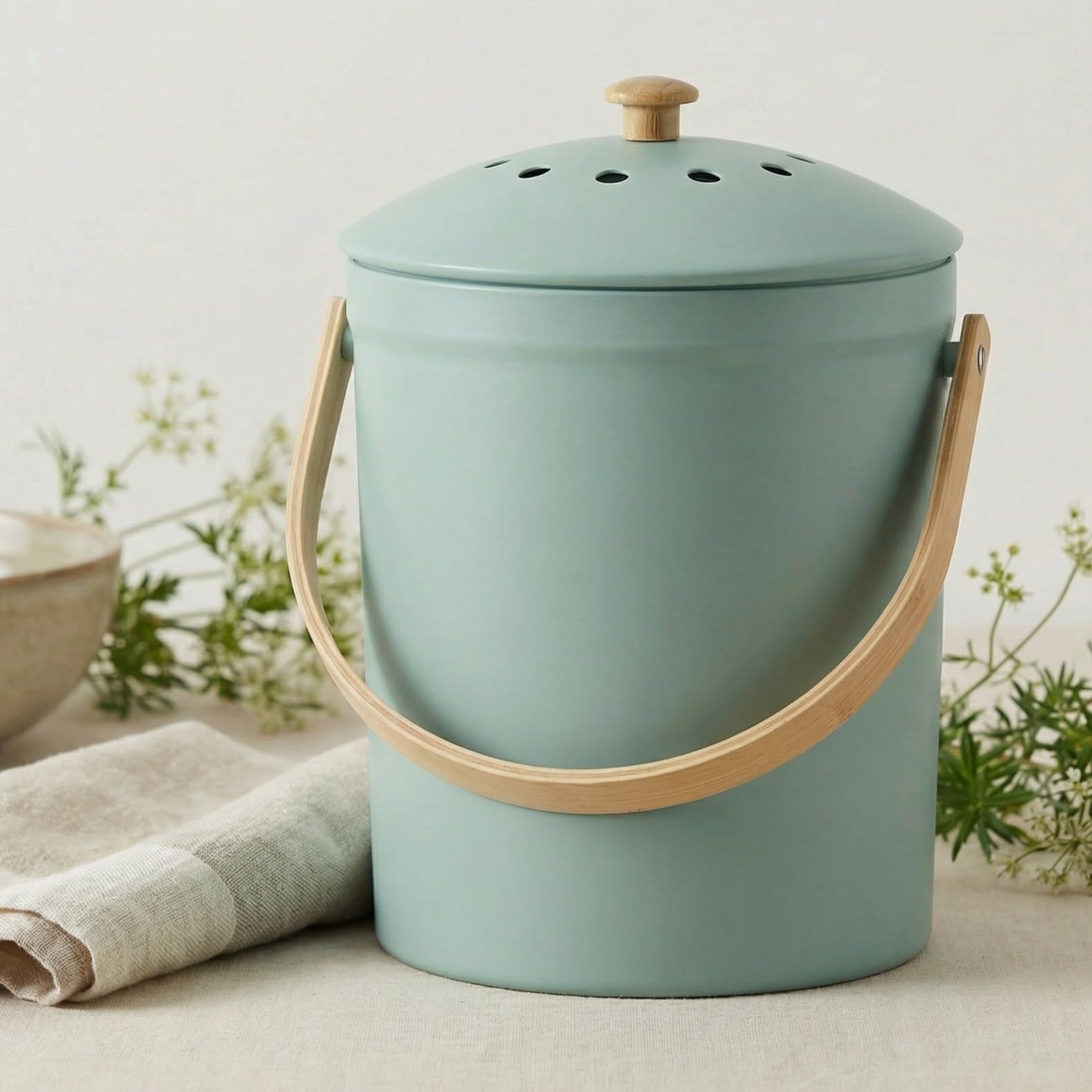 KIBAGA styled on kitchen counter blending decor with practical scrap collection