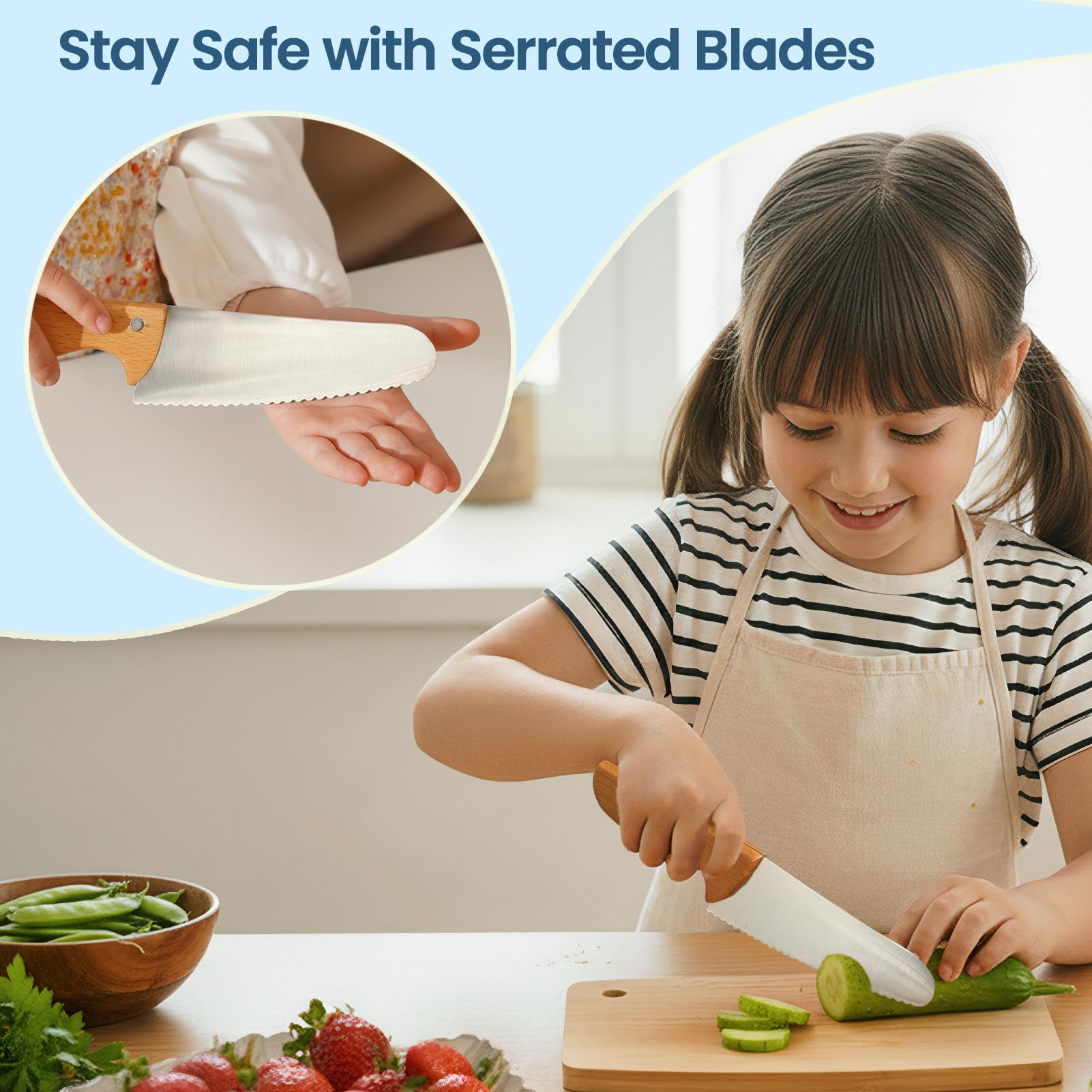Kibbidea child using knife with adult supervision to learn safe slicing