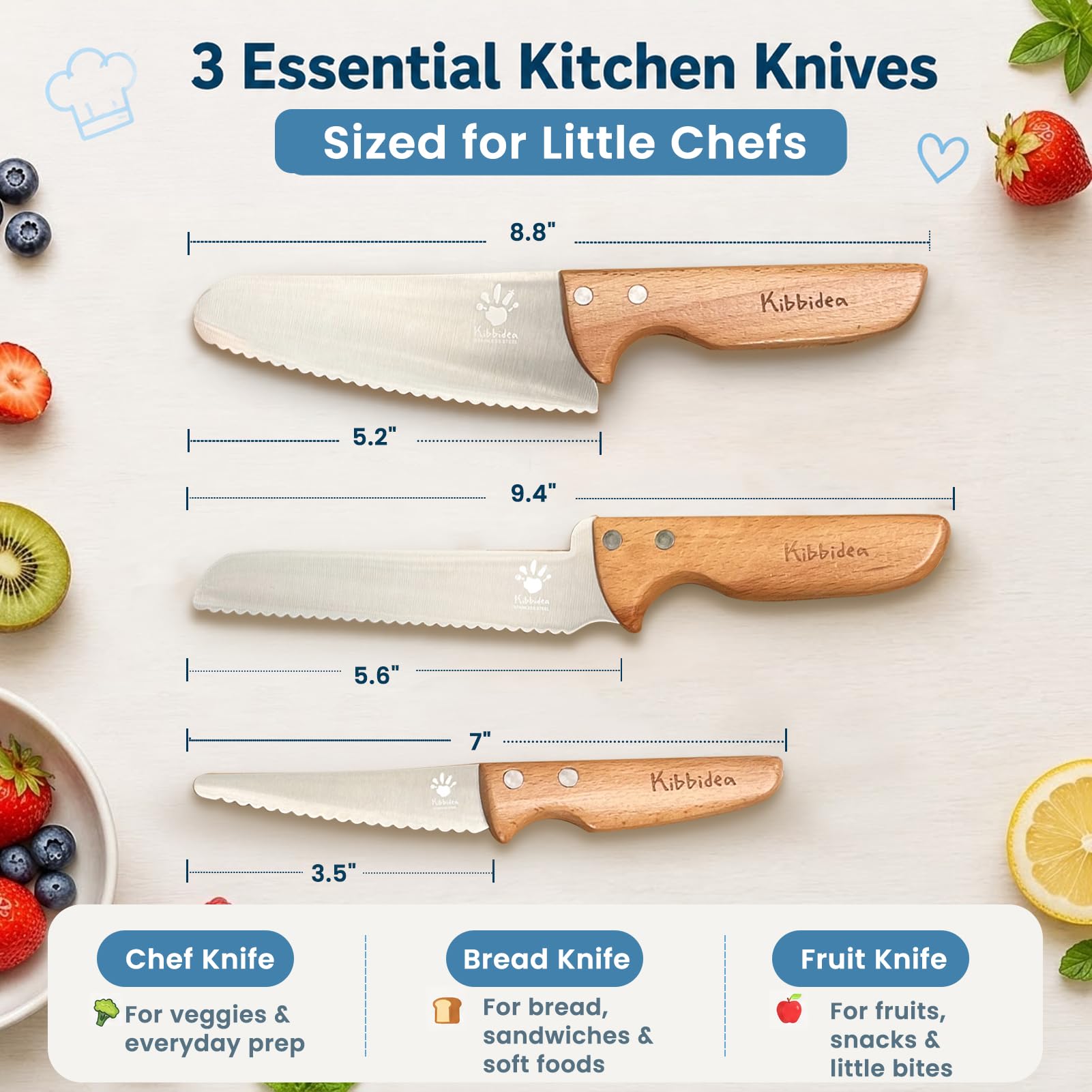 Kibbidea full knife set laid out to show all three child-sized knives