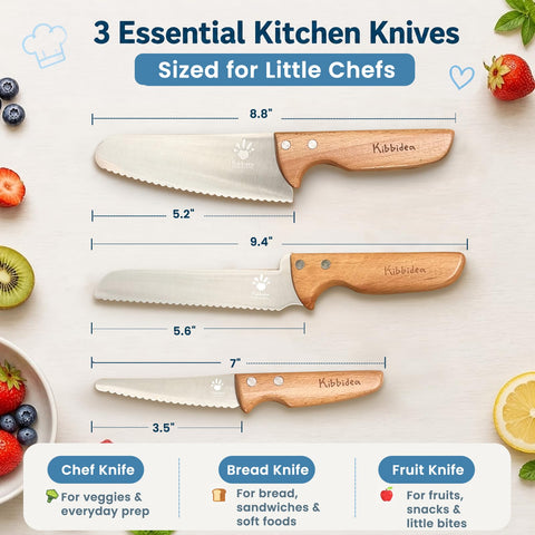 Kibbidea full knife set laid out to show all three child-sized knives