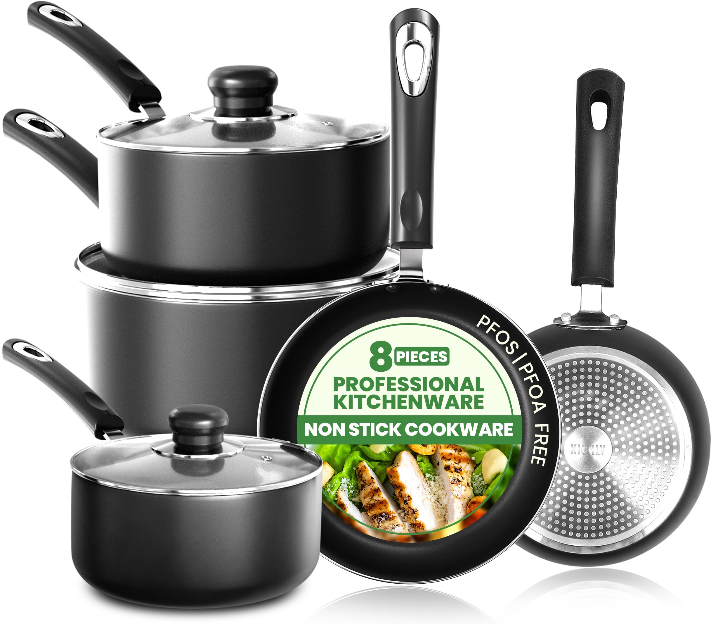 KICHLY full 8-piece set front view showing neat storage and versatile cookware benefits