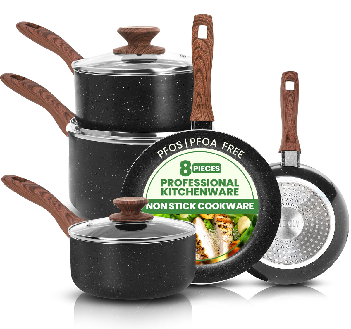 KICHLY full 8-piece set front view showing pans and lids for organized cooking