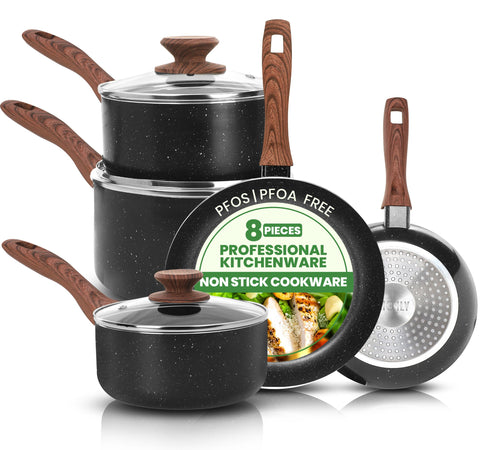 KICHLY full 8-piece set front view showing pans and lids for organized cooking