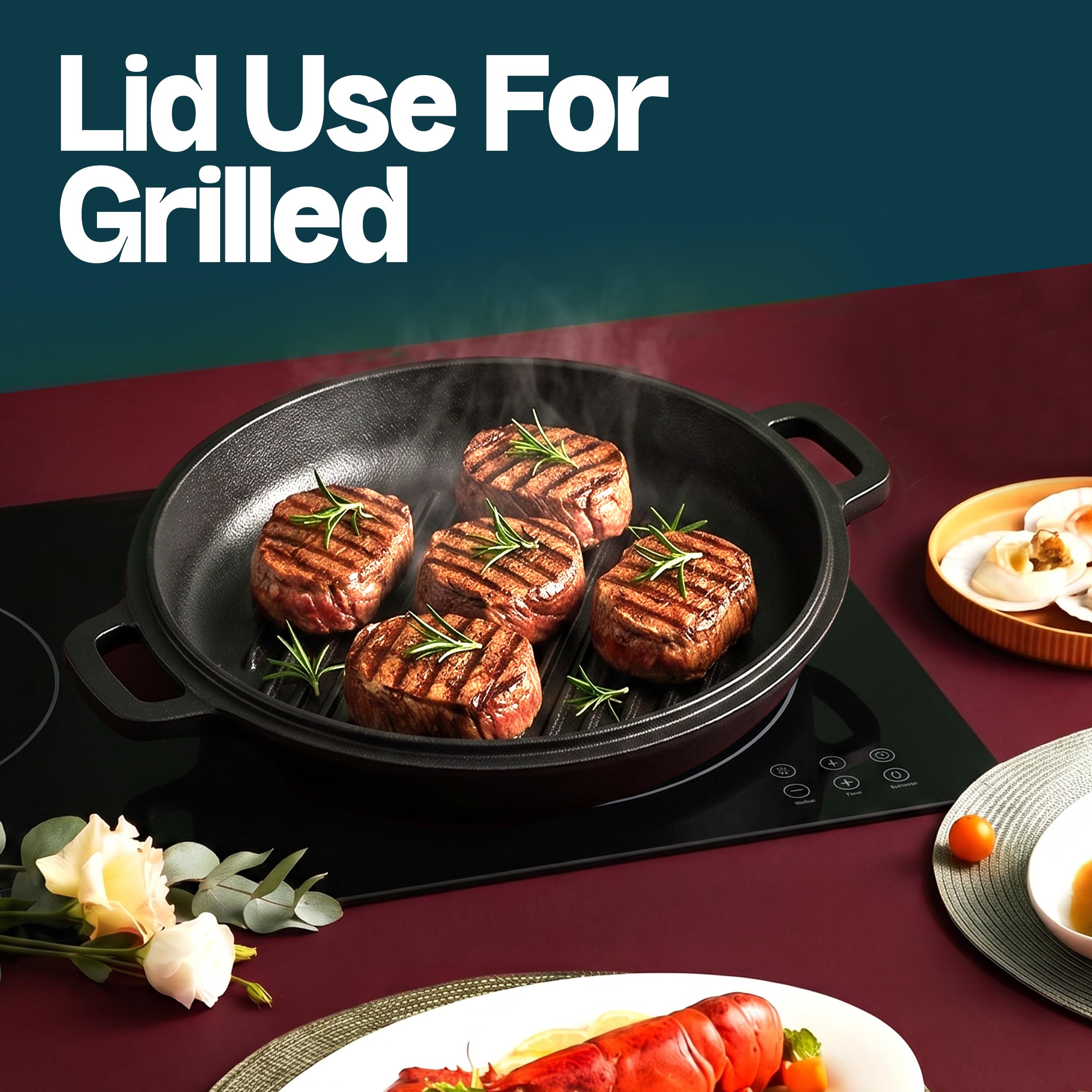 KICHLY Dutch oven on grill with steak highlighting outdoor cooking benefit