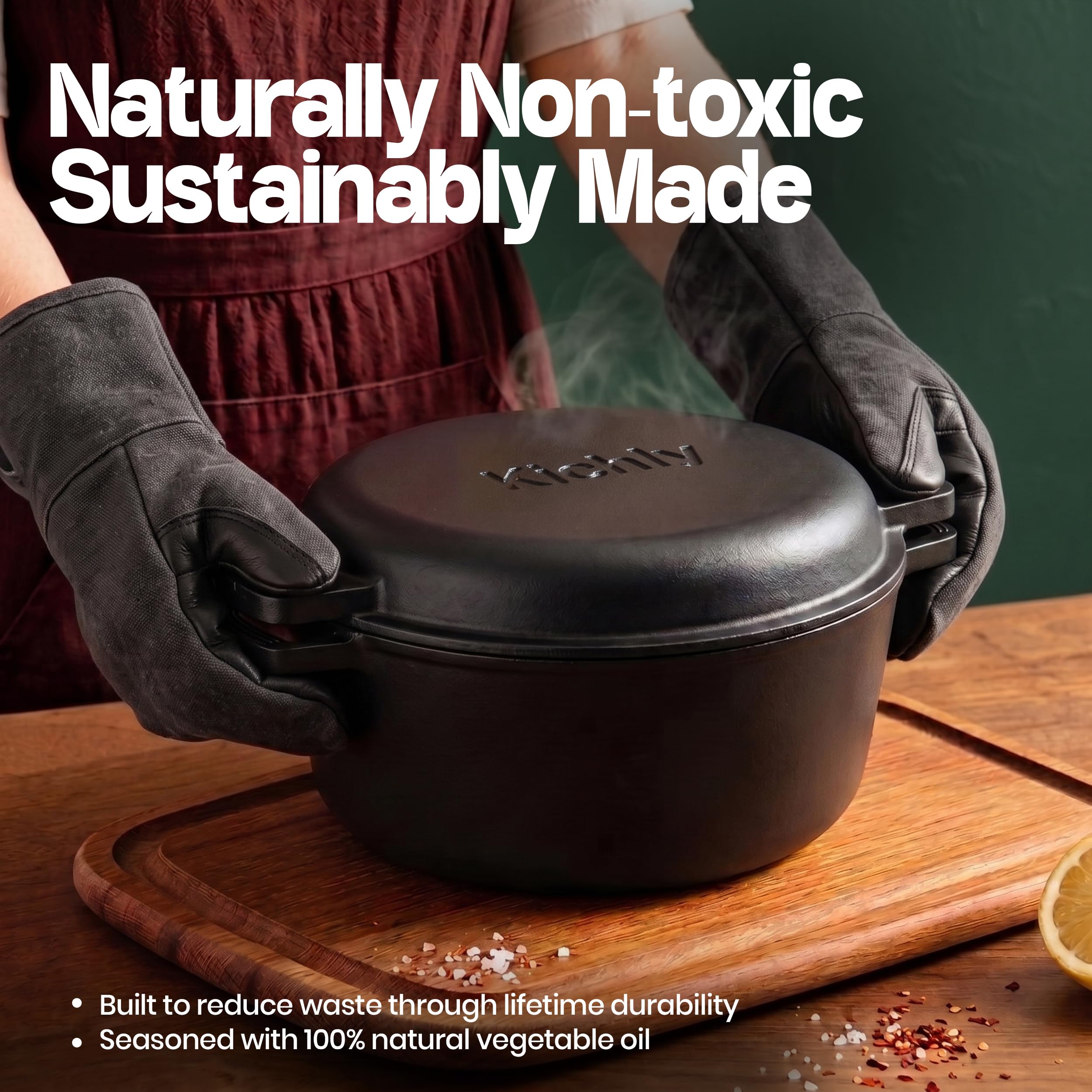 KICHLY Dutch oven next to measuring cup showing 5 QT size benefit