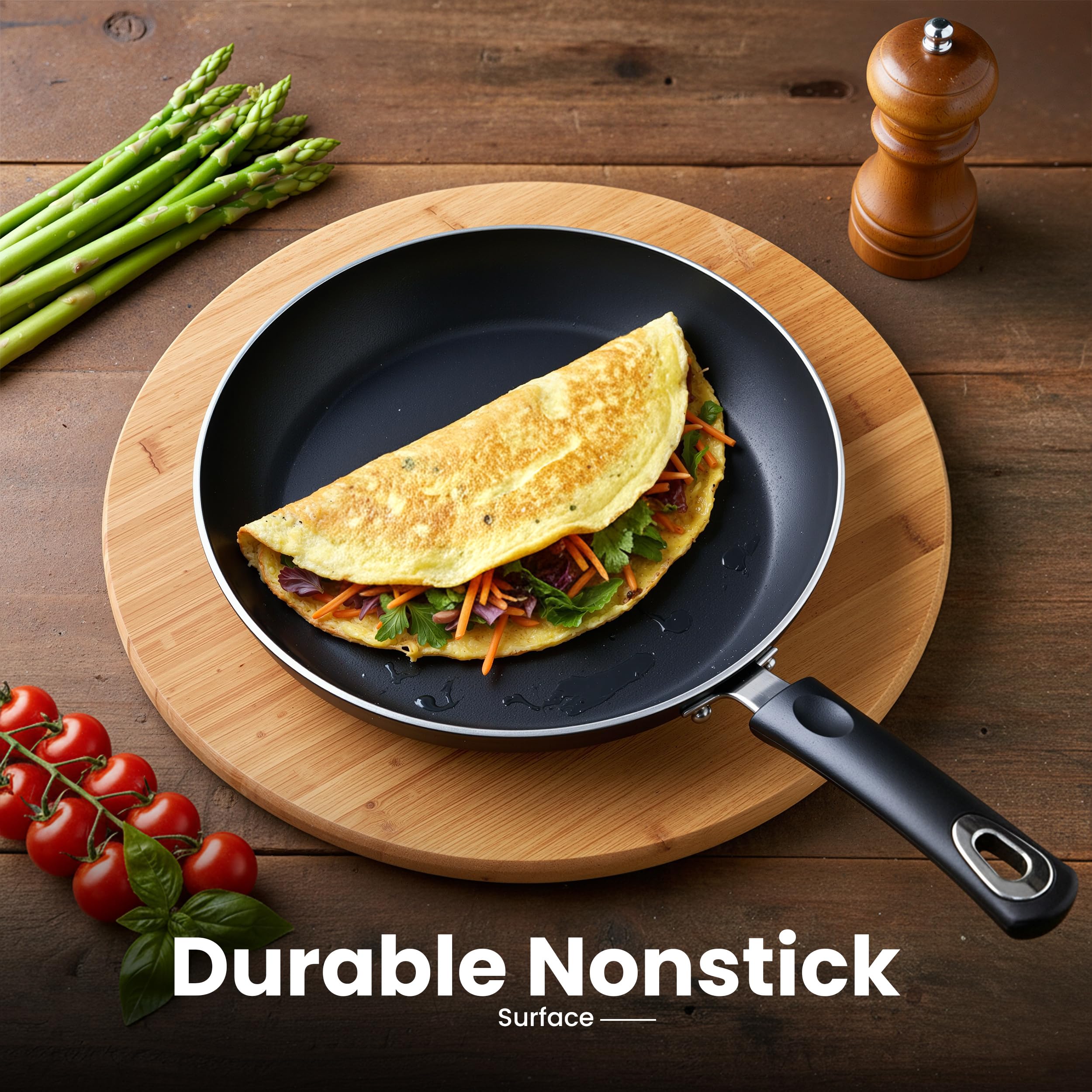 KICHLY pans next to utensils showing scale and storage-friendly sizing benefit