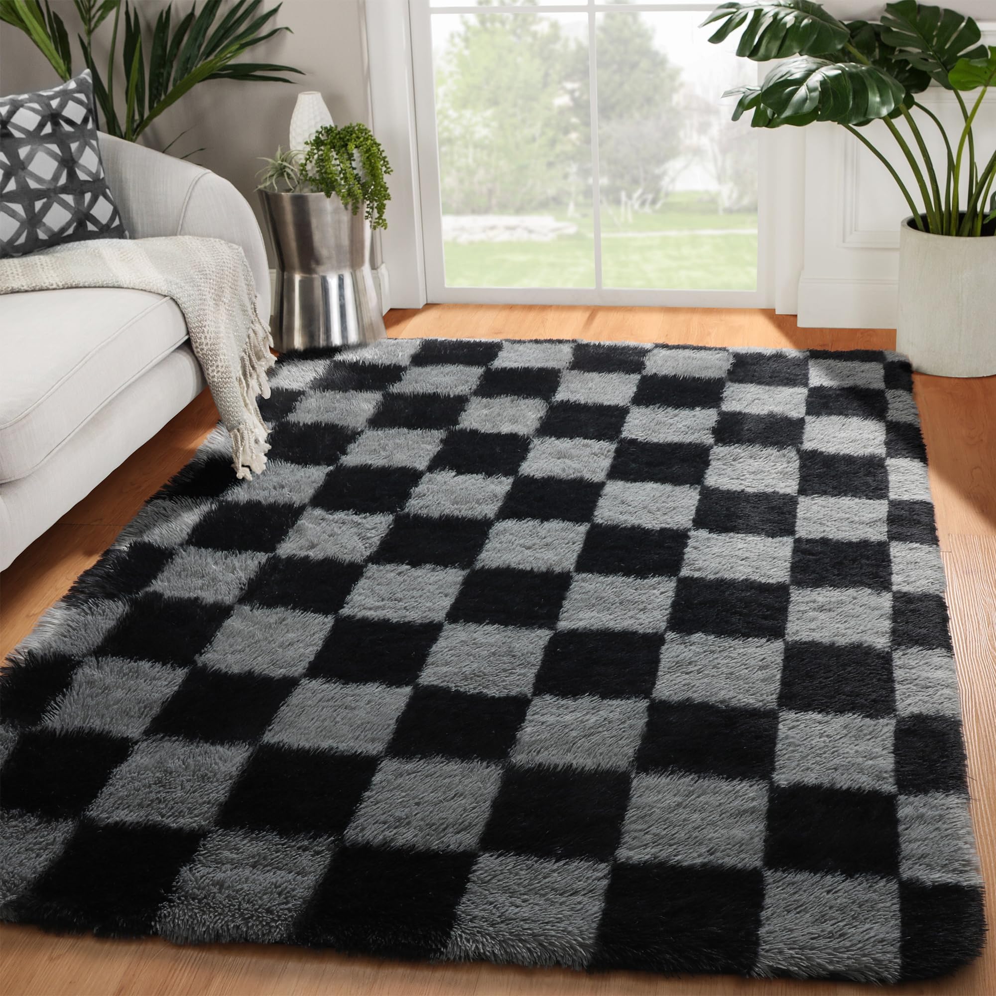 KICMOR front view of black and grey checkered rug showing modern decor benefit