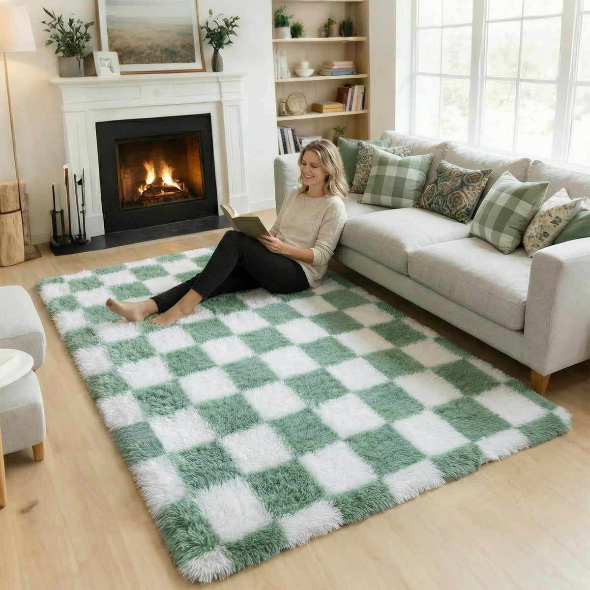KICMOR front view of sage green checkered rug showing style and immediate visual impact