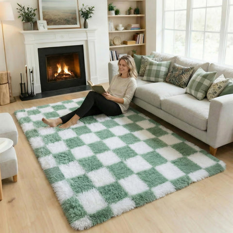 KICMOR front view of sage green checkered rug showing style and immediate visual impact