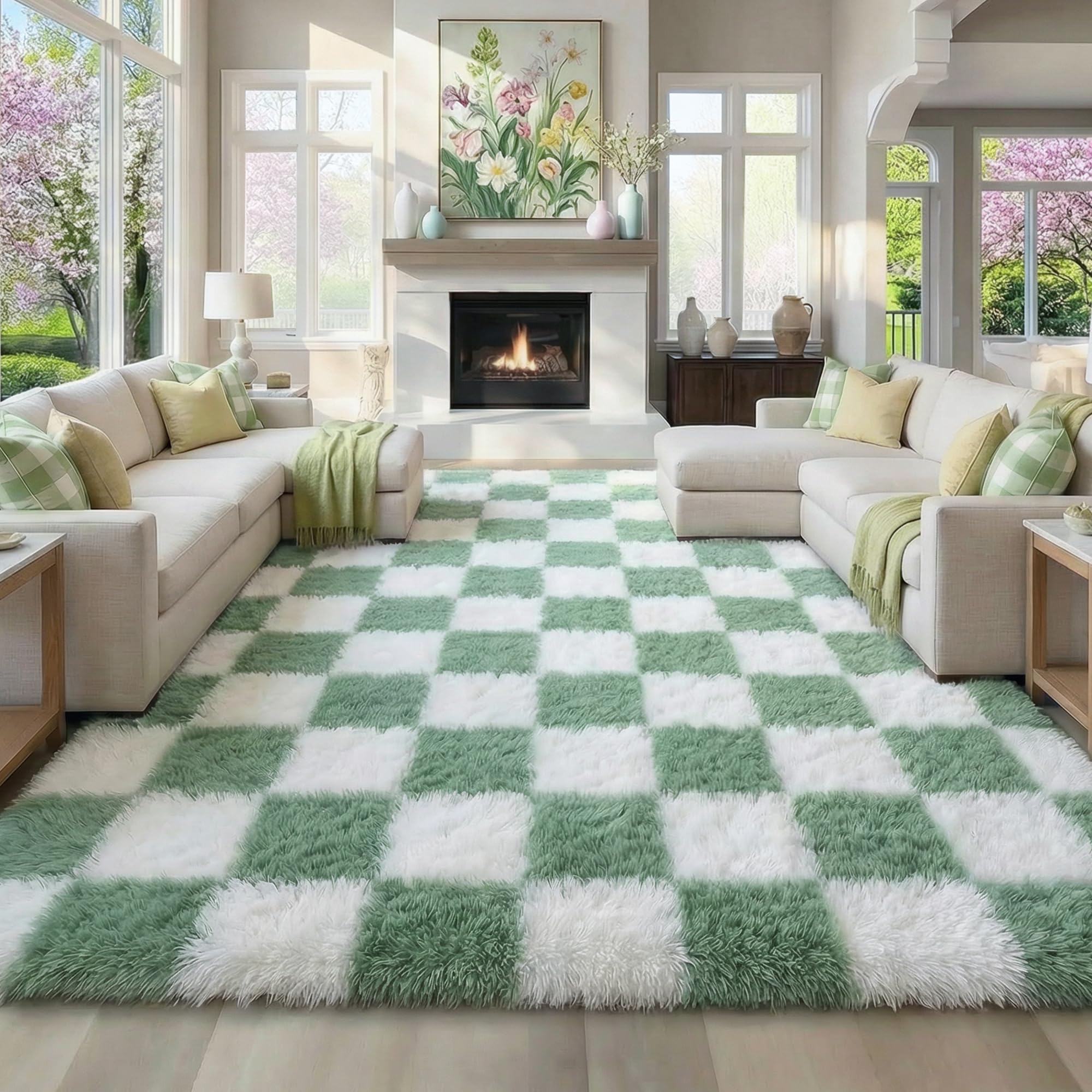 KICMOR front view of sage green and white checkered rug showing cozy pattern and soft appeal