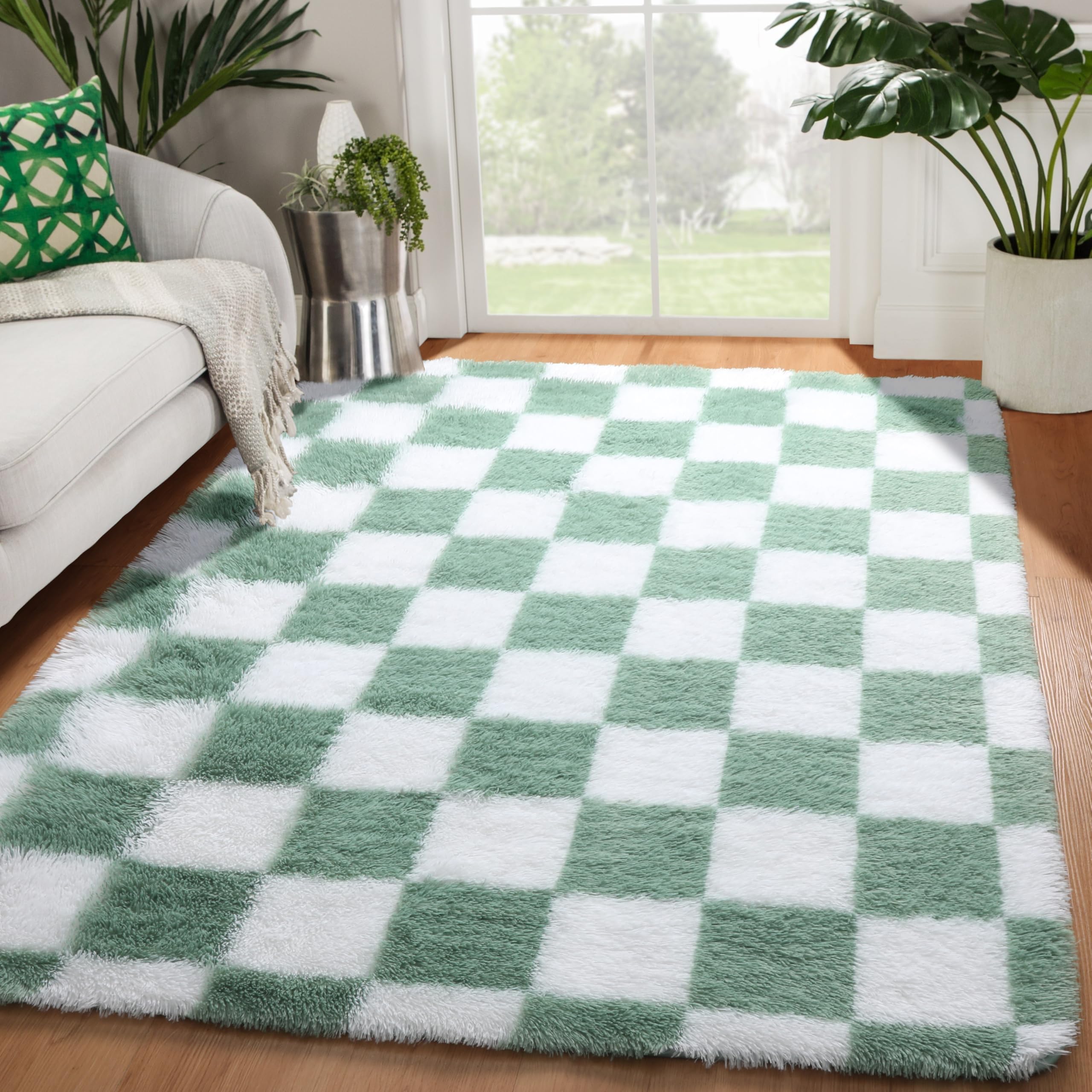 KICMOR checkerboard pattern detail showing sage green contrast and style