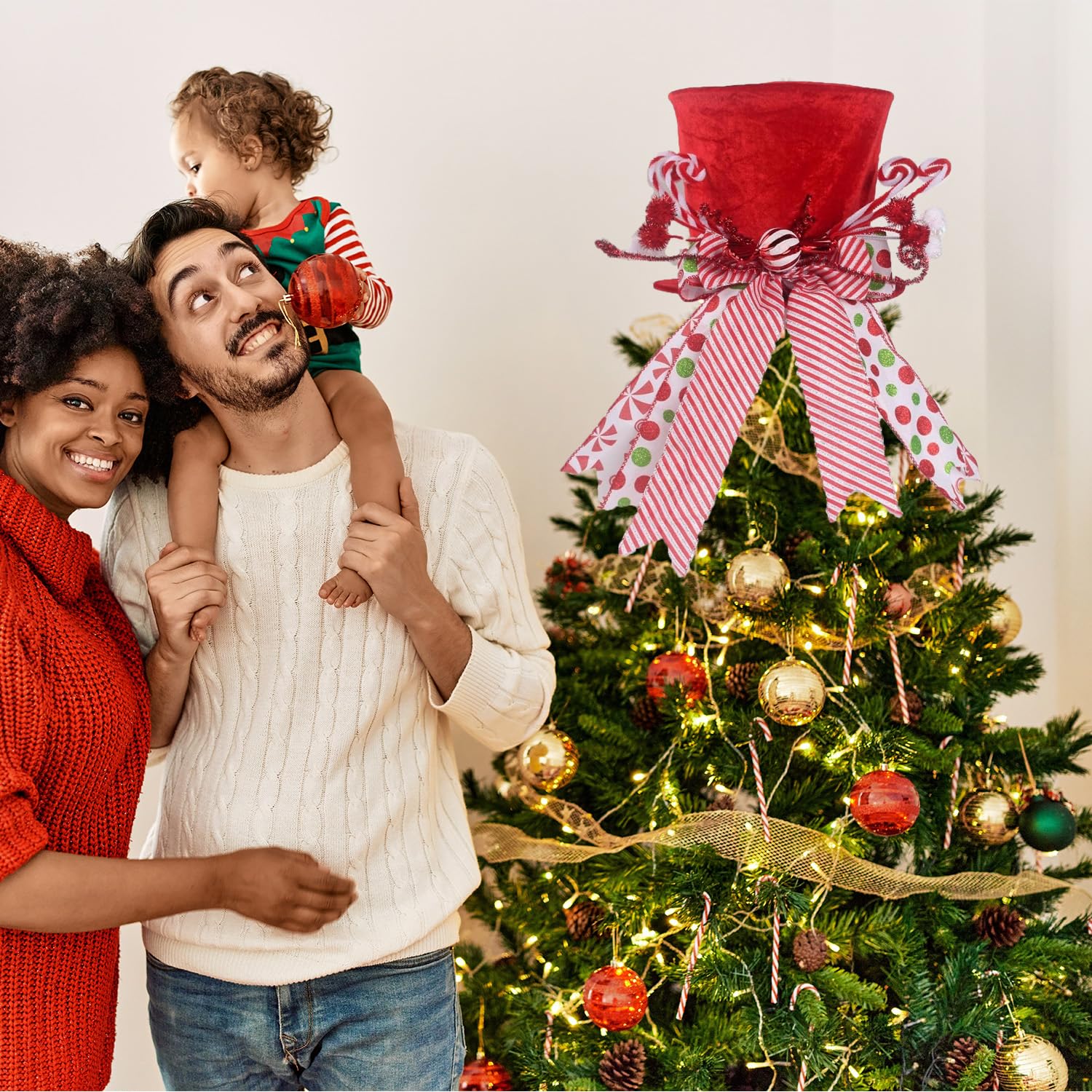 KIDHABE topper on tree showing secure placement and holiday focal point