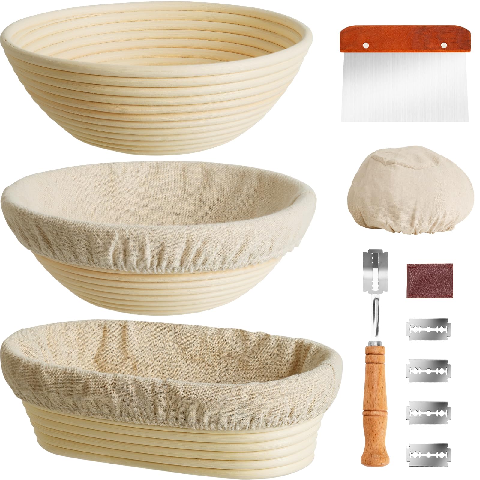 Kikcoin banneton set front view showing baskets and accessories for organized baking