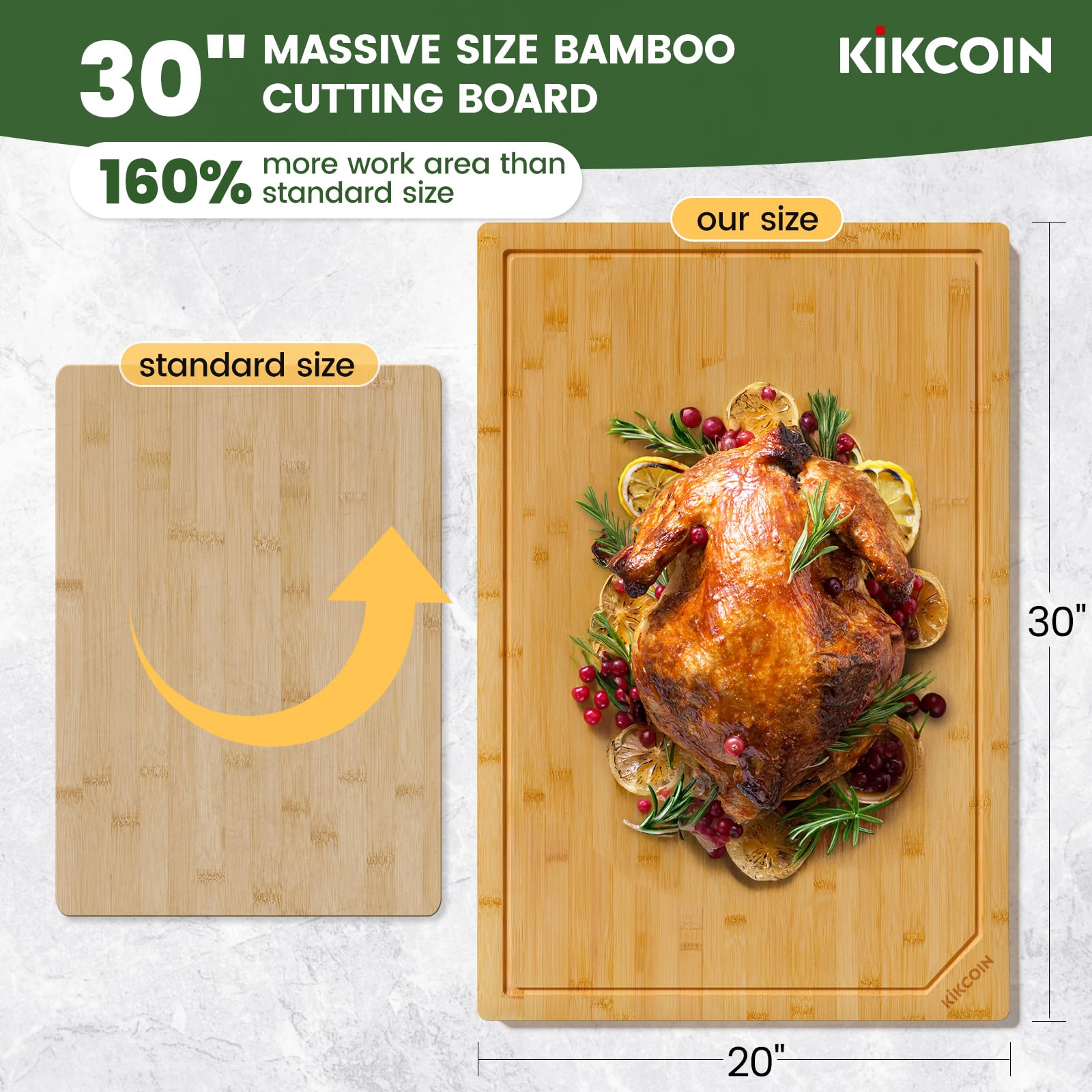 Kikcoin close-up of bamboo grain texture highlighting smooth, knife-friendly finish