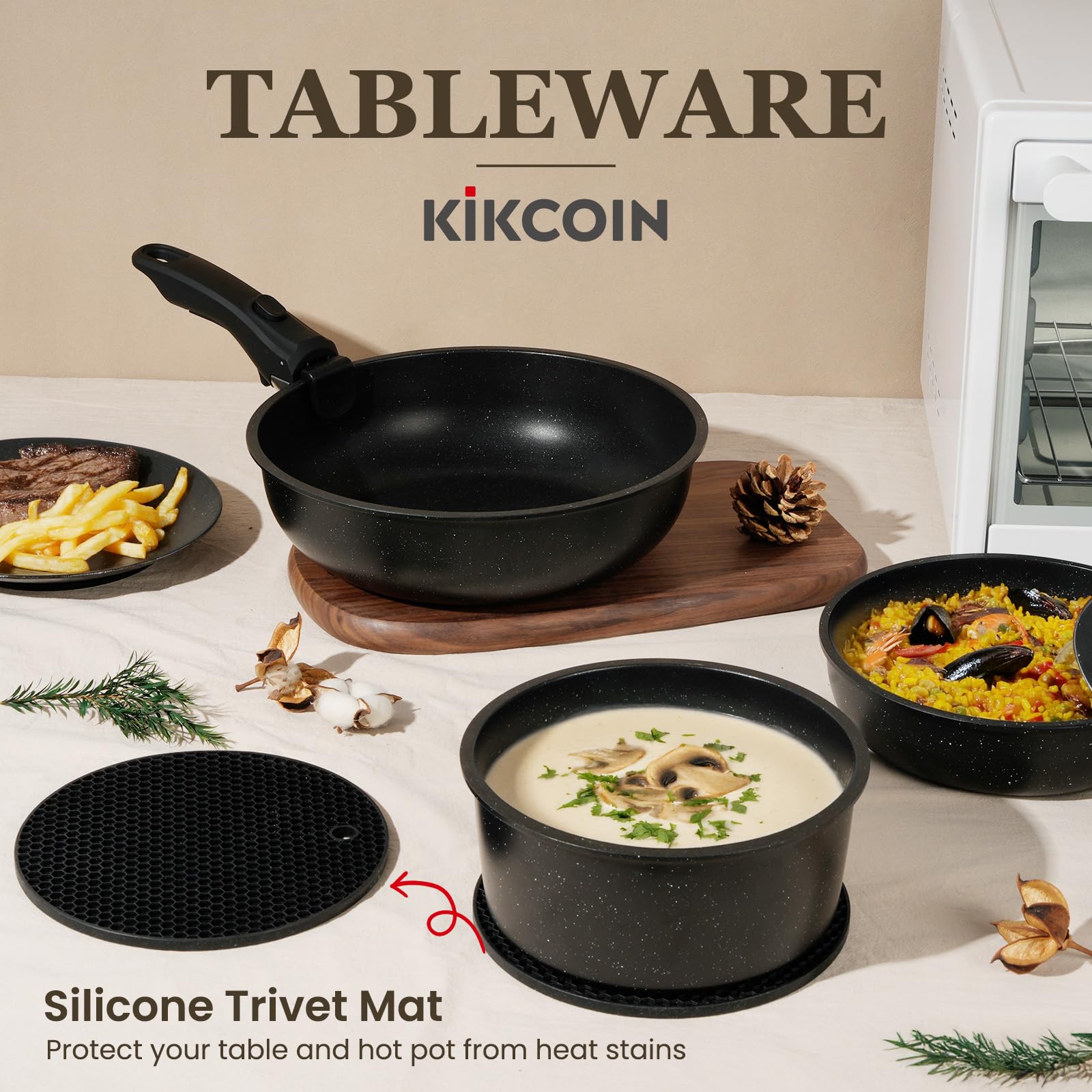 Kikcoin complete cookware set on RV counter showing travel-friendly convenience