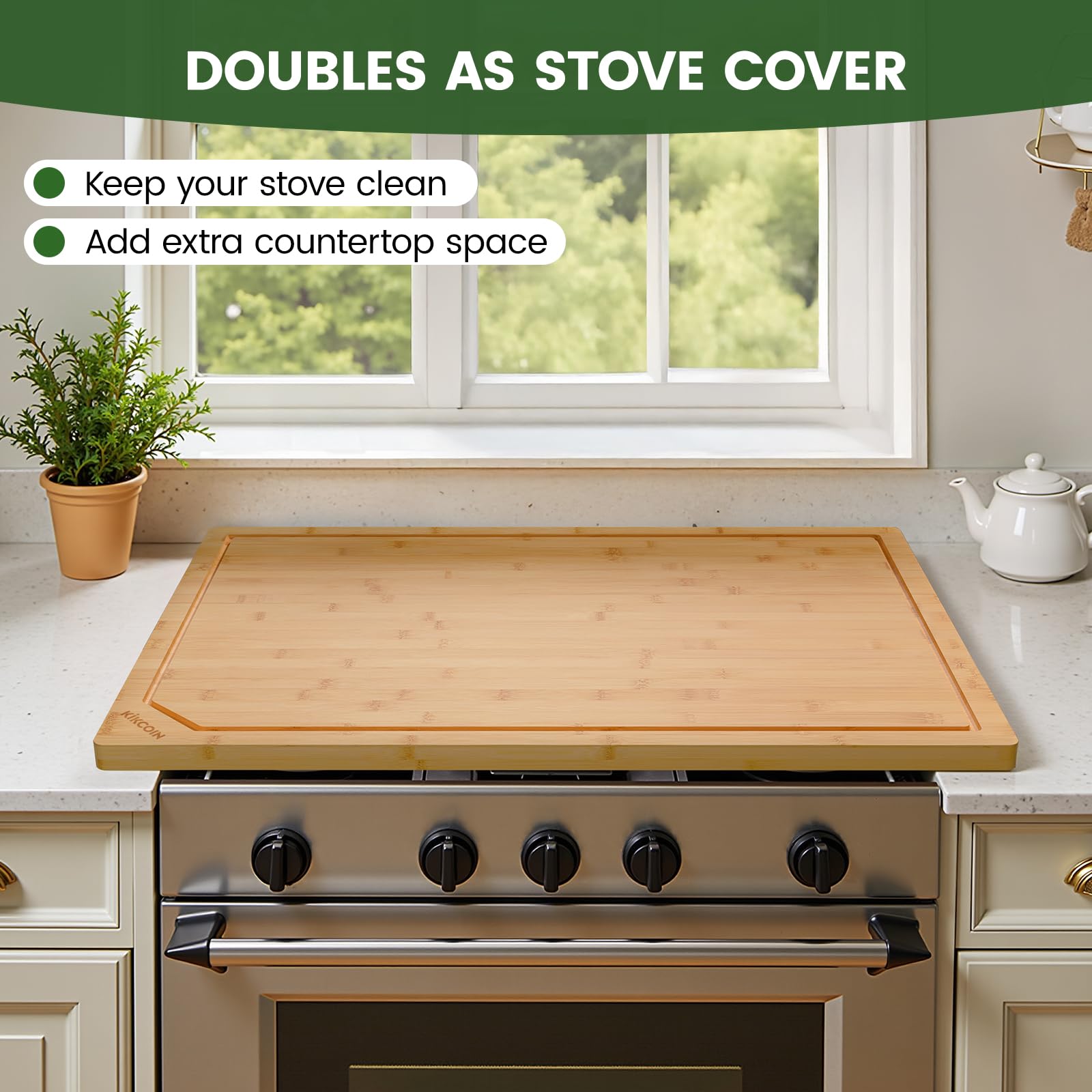 Kikcoin detail of deep juice groove catches liquids and protects counters
