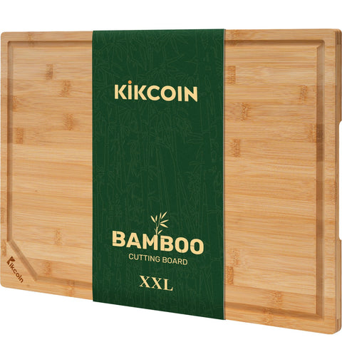 Kikcoin front view of 20x14 bamboo cutting board showing polished finish and size benefit