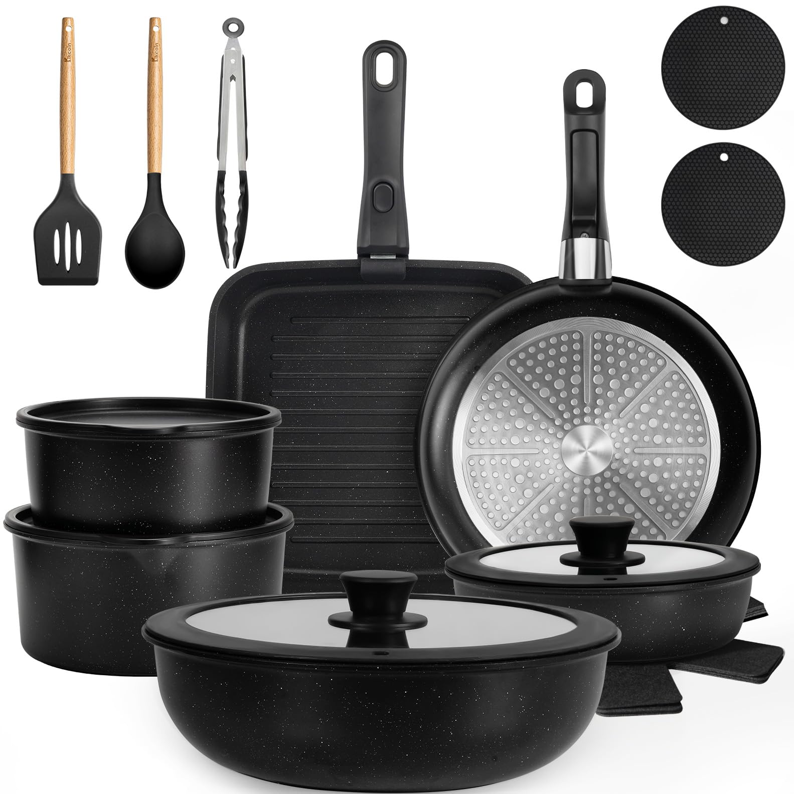 Kikcoin front packaging and multiple cookware pieces showing complete set benefit