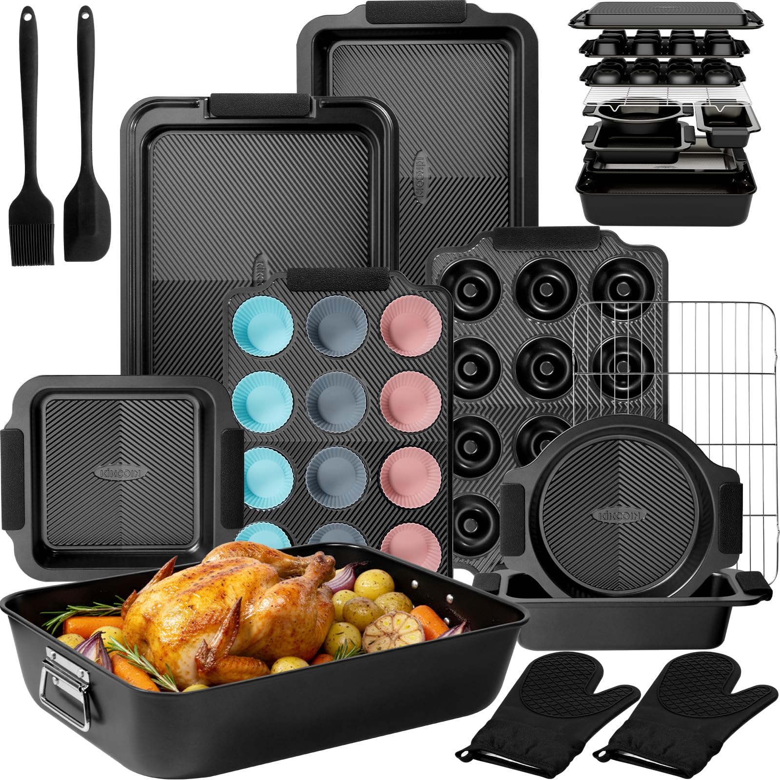 Kikcoin front packaging showing complete 25-piece bakeware kit and accessories