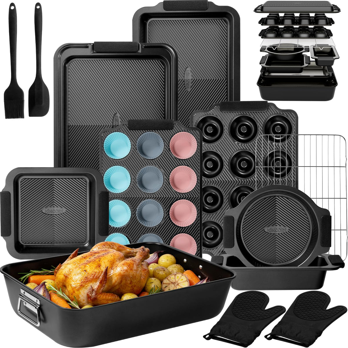 Kikcoin front packaging showing complete 25-piece bakeware kit and accessories