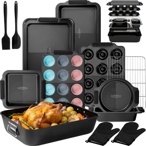 Kikcoin front packaging showing complete 25-piece bakeware kit and accessories