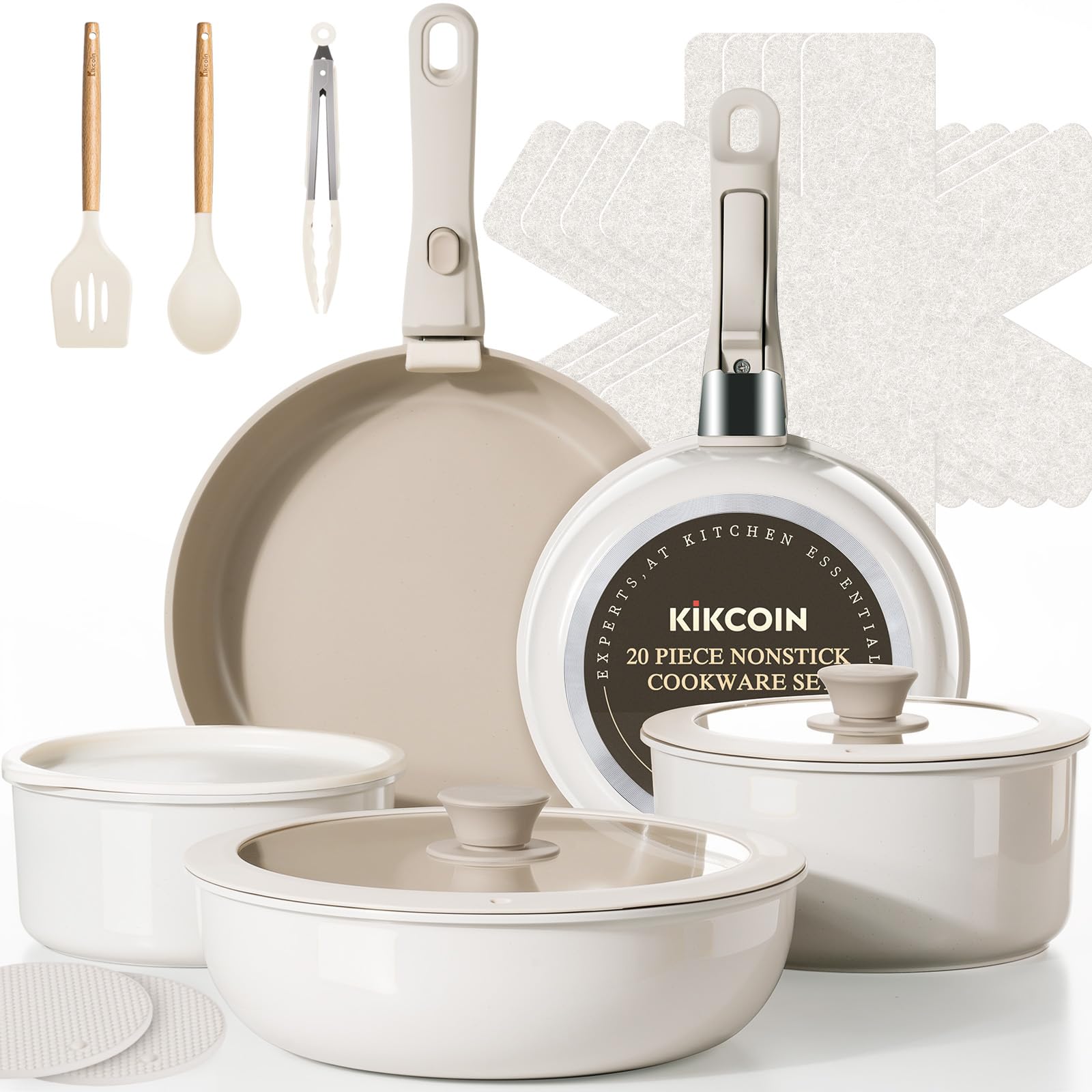 KIKCOIN front packaging showing full 20-piece cookware set and contents