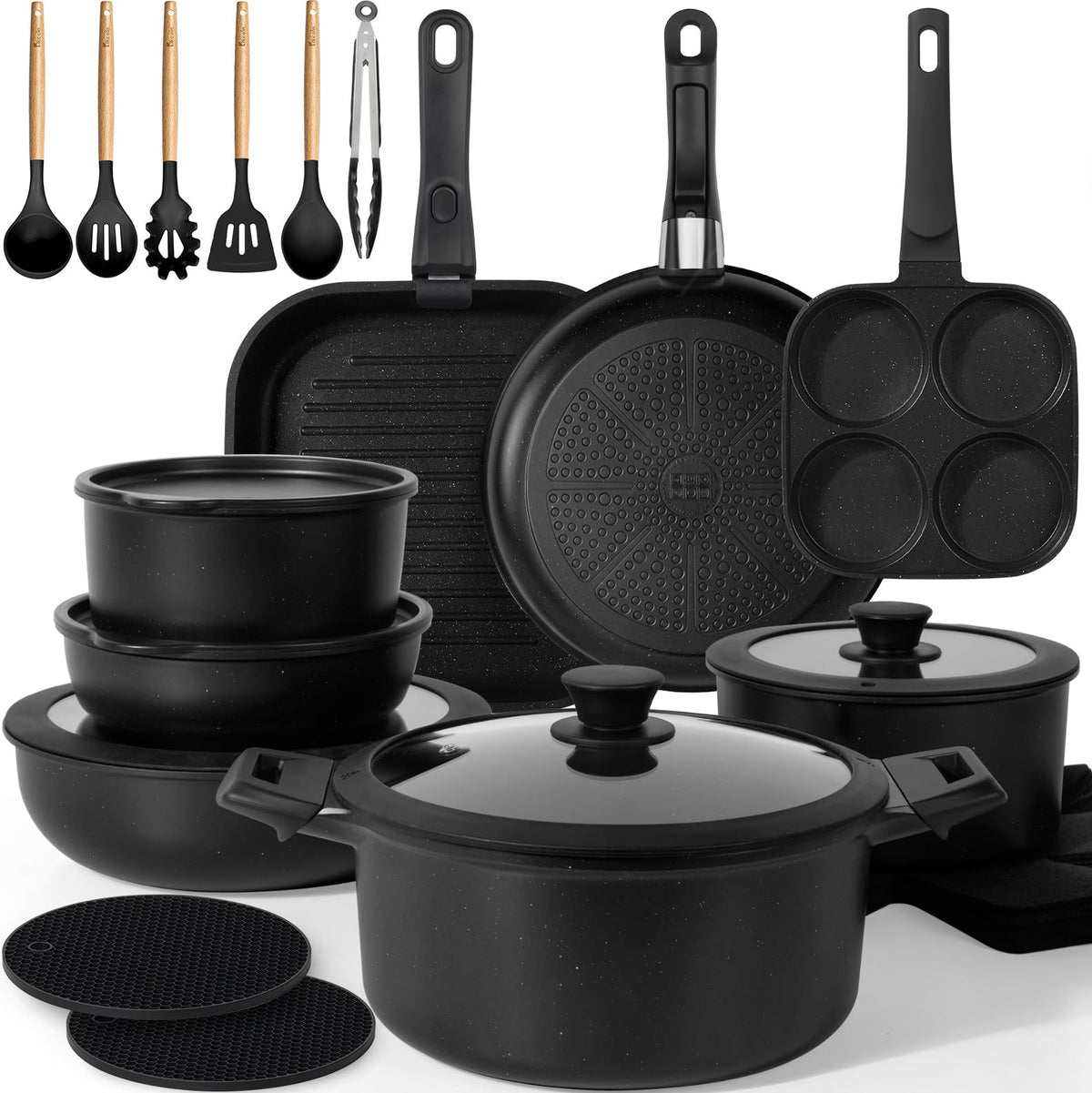 Kikcoin front packaging showing complete 30-piece cookware set and convenience