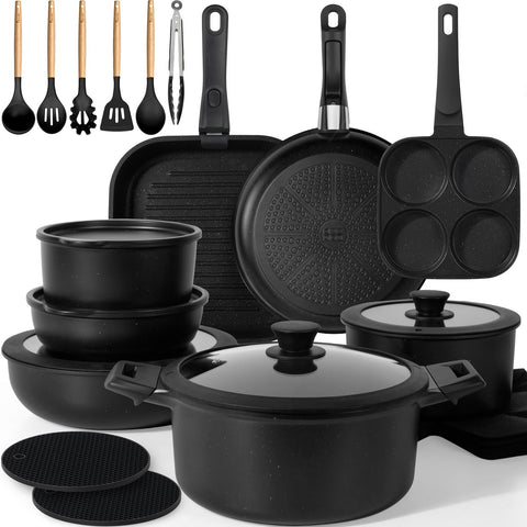 Kikcoin front packaging showing complete 30-piece cookware set and convenience