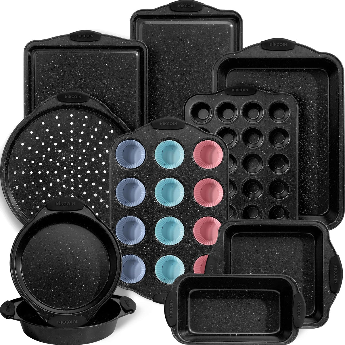 Kikcoin front packaging showing complete 22-piece bakeware set and gift box