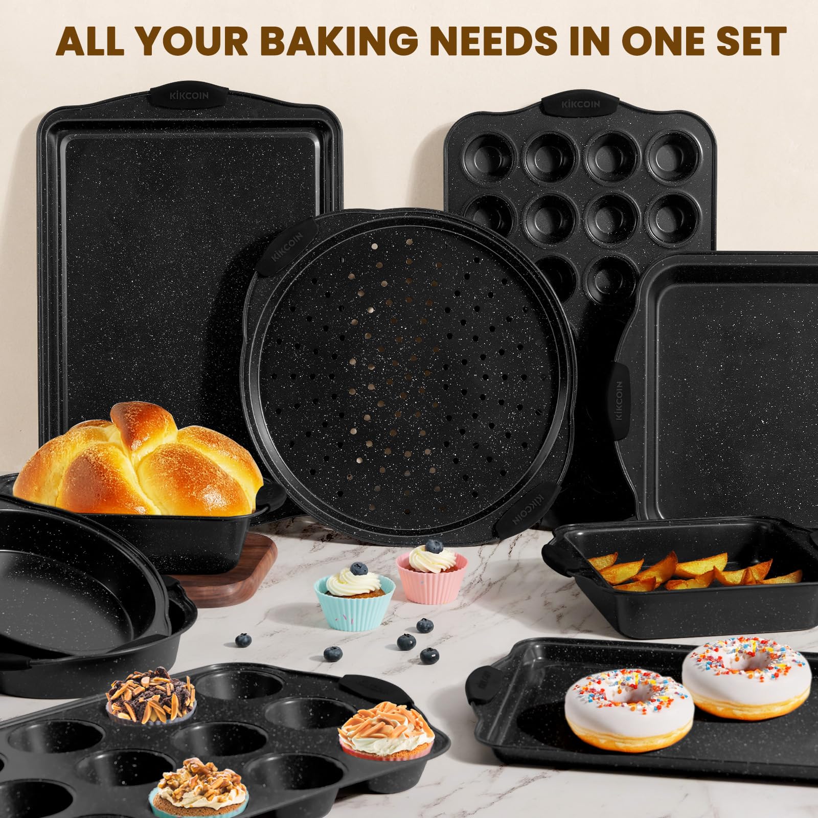 Kikcoin product label and dimensions highlighting pan sizes and safe-coating details
