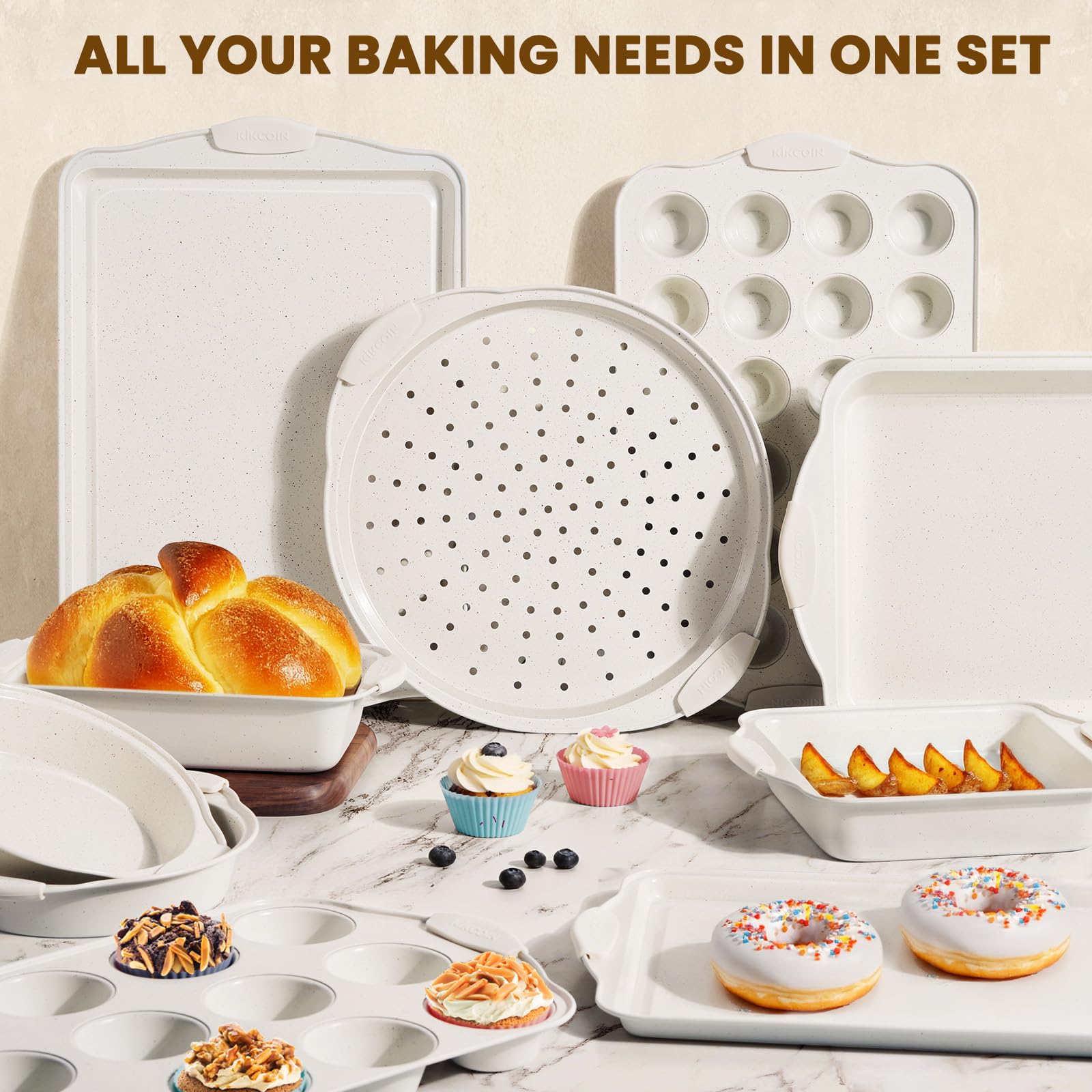 Kikcoin lifestyle baking scene with finished cookies showing consistent nonstick release