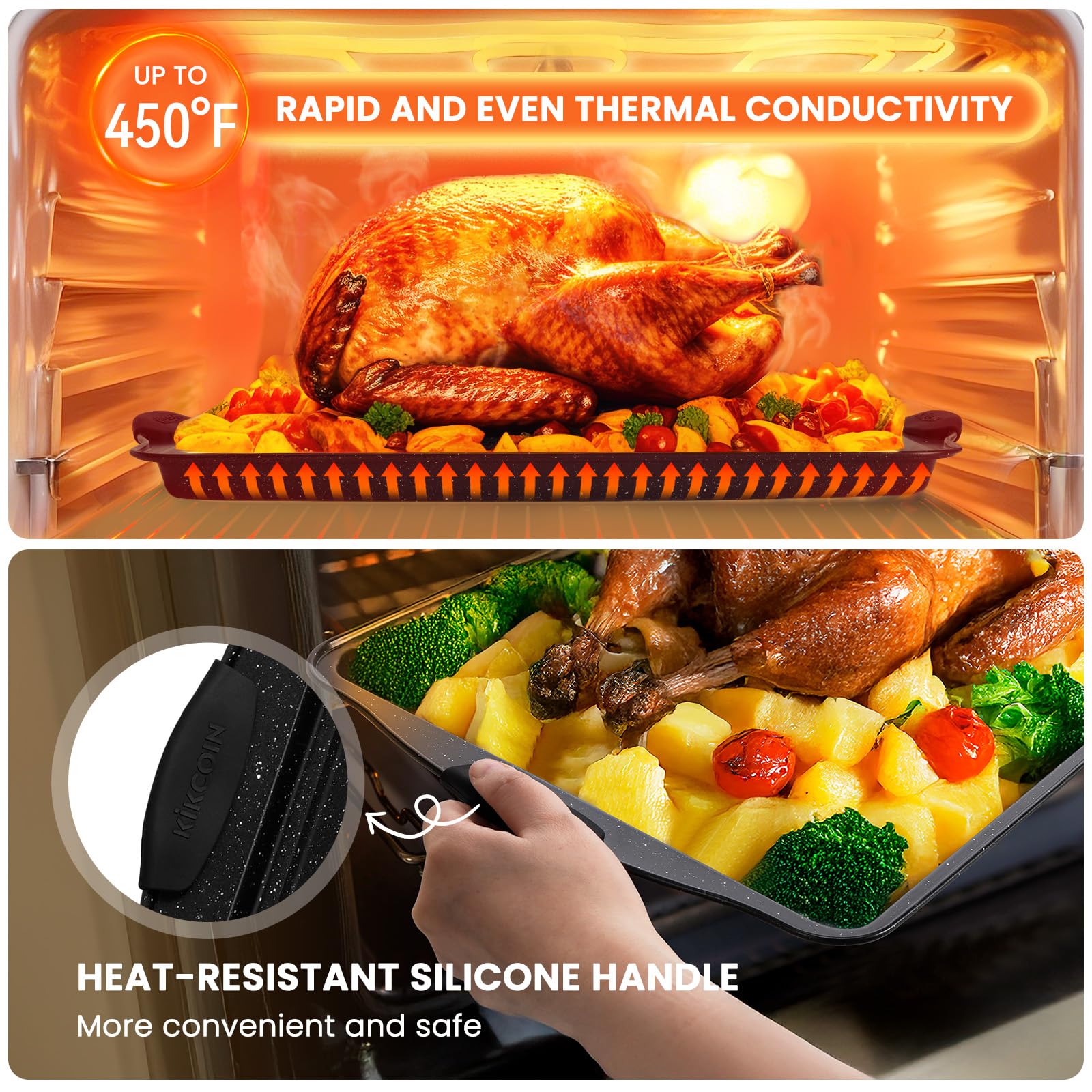 Kikcoin roaster pan in oven illustrating oven-safe use up to 450°F for roasting