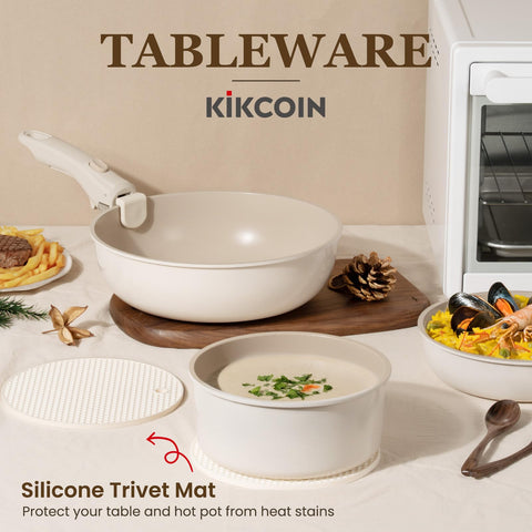 KIKCOIN stacked pans in cabinet displaying compact space-saving benefit