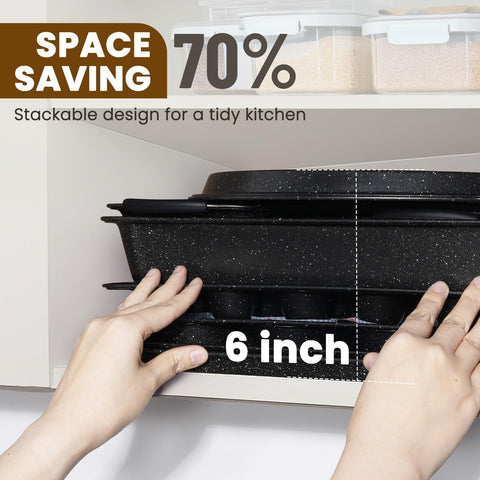 Kikcoin stackable pans stored in cabinet saving space and keeping kitchen tidy