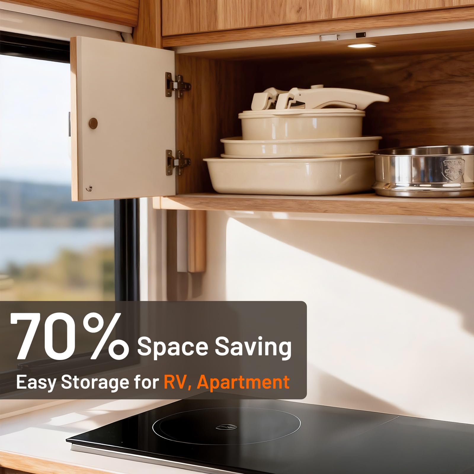 Kikcoin nested pans stacked compactly to save cabinet and RV space