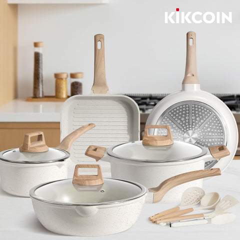 Kikcoin cookware stacked compactly to save cupboard and RV storage space