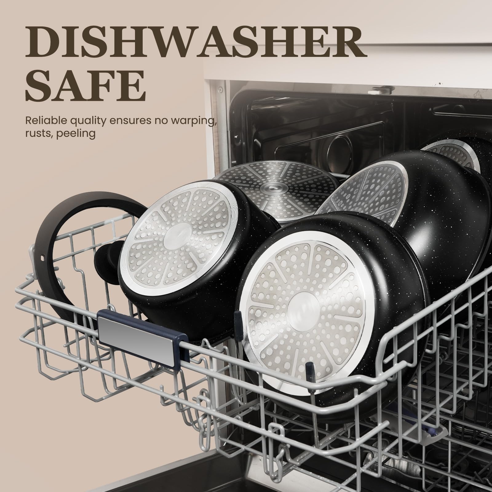 Kikcoin stacked cookware in cabinet illustrating compact storage advantage