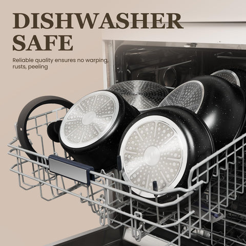 Kikcoin stacked cookware in cabinet illustrating compact storage advantage
